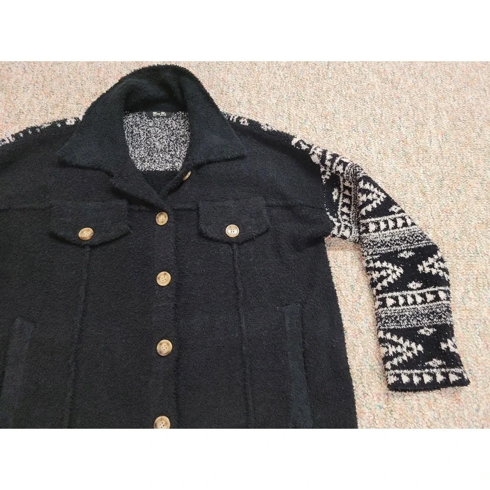 Miss Me Jacket Womens Small Black White Wubby Print Button‎ Down Soft Fuzzy